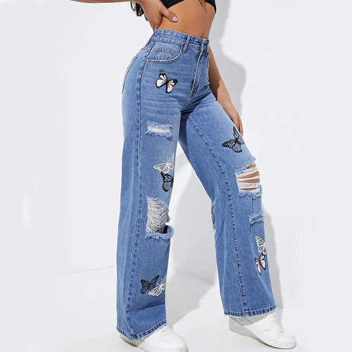 Retro 3D Embroidered Butterfly Ripped Jeans