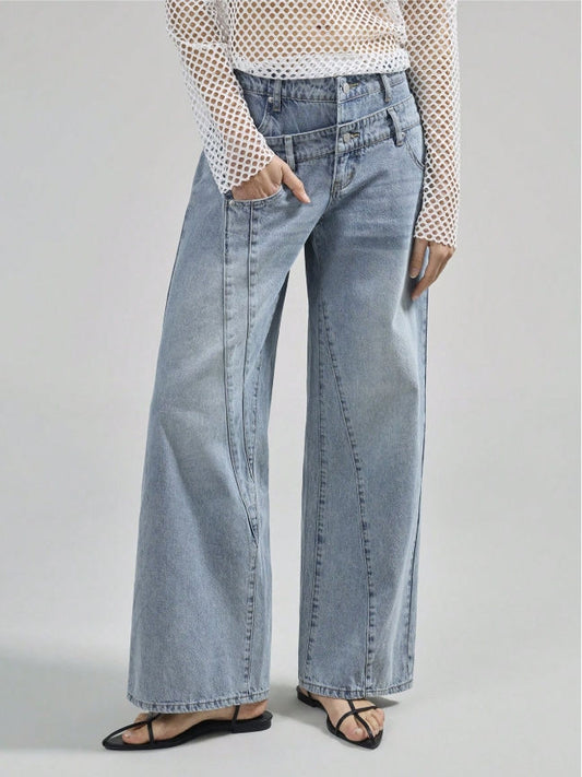 Unique design high-waisted straight leg women's jeans