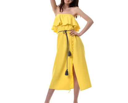 Yellow strapless summer beach maxi dress