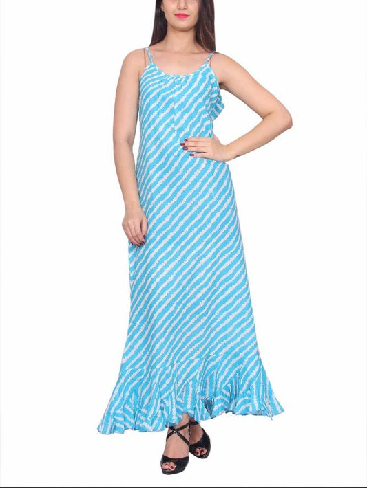 Blue sleeveless beach dress with a ruffled hem.