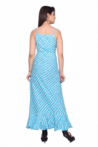 Blue sleeveless beach dress with a ruffled hem.